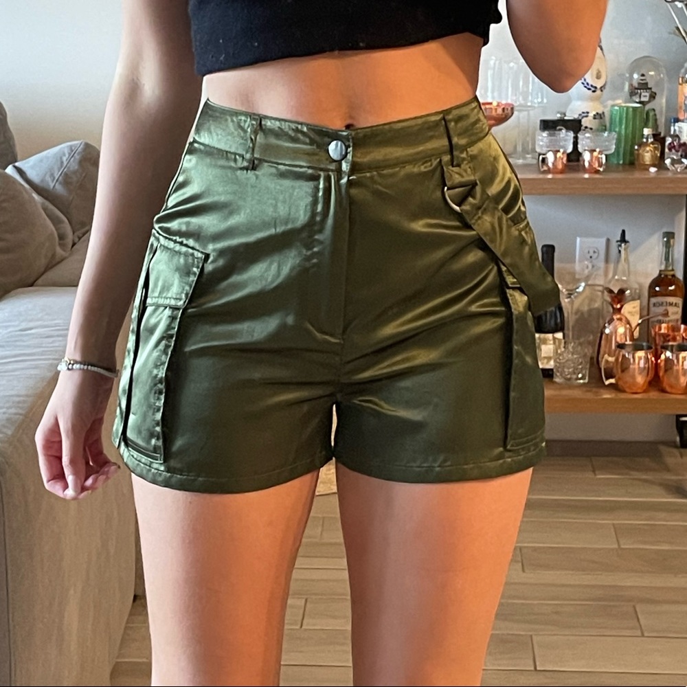 Satin army green cargo shorts